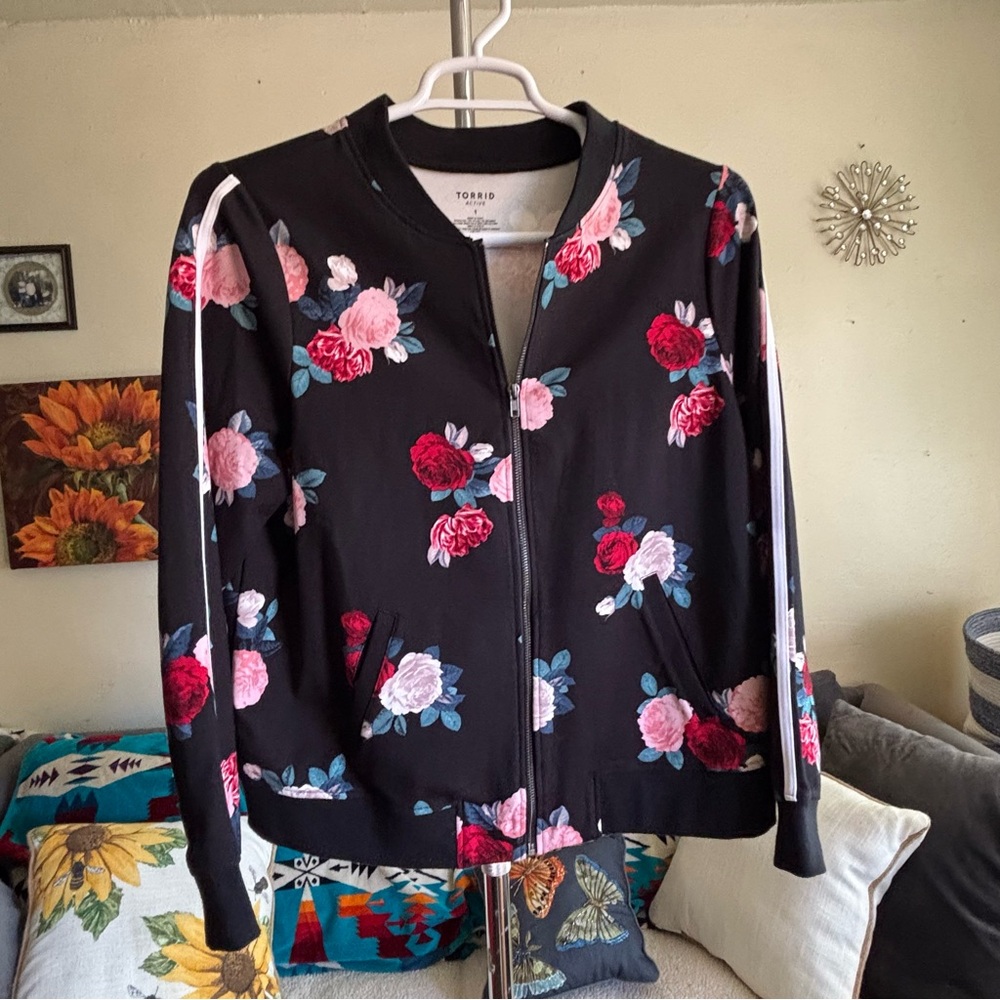 Black Floral Bomber Jacket Ponte Knit Zip Front Torrid Active Plus Size 1X